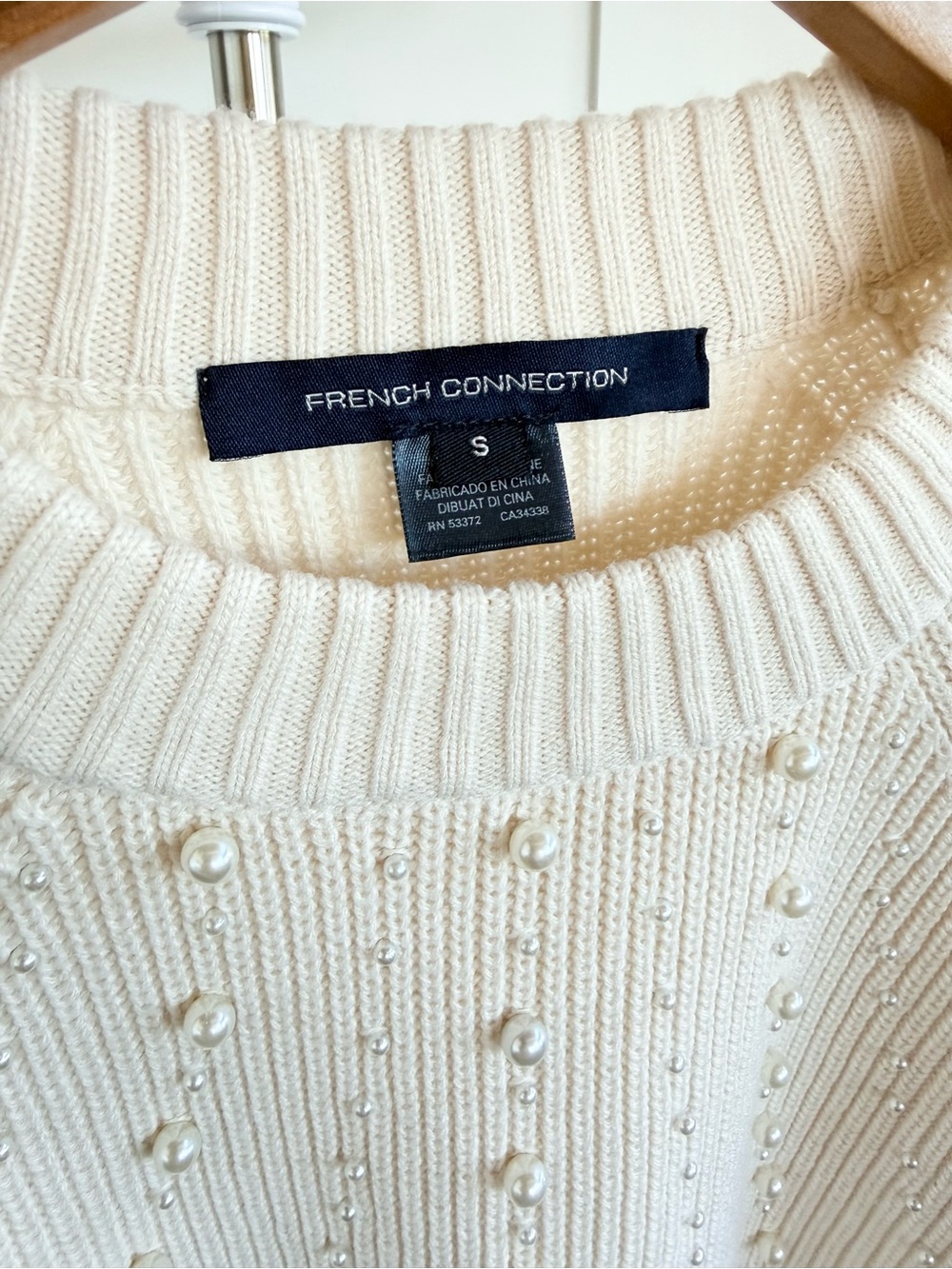 French Connection Cream Pearl-Detail Ribbed Crewneck Sweater - Picture 2 of 5